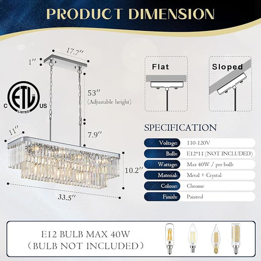 Modern Chrome Rectangle Chandelier L33.5” Luxury K9 Crystal Ceiling Pendant Light Fixture 11 Lights Rectangular Long Chandelier for Kitchen Island Dining Room Living Room Bar