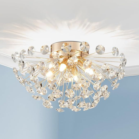 AGV LIGHTING Modern Crystal Flush Mount Ceiling Light Fixture, Dandelion Sputnik Semi Flush Mount Ceiling Light, 12" 4-Light with G9 Base Gold Ceiling Light Fixture