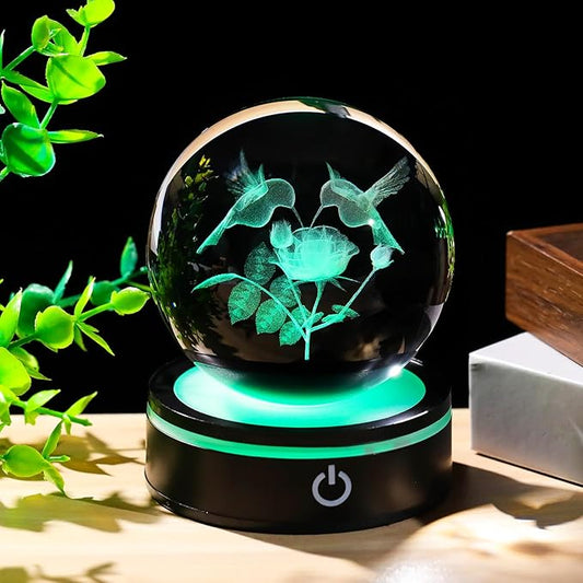 YWHL 3D Hummingbird Crystal Ball Figurine with LED Base, Hummingbird Gifts for Women Men on Birthday Christmas, Glass Decorative Hummingbirds with Rose Ball Night Light for Home Decor (80mm)