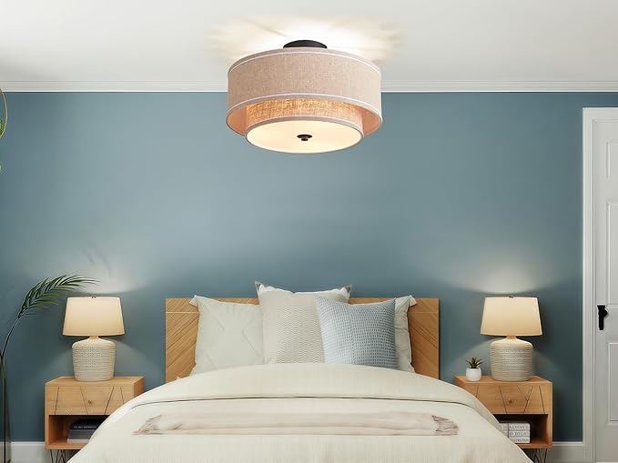 Shrine Lighting Double Drum Ceiling Light, Perfect Drum Light Fixture for Dining Room, D16'' x H7'', E12*3 Sockets, Beige Linen Fabric Lampshade & Black Rod