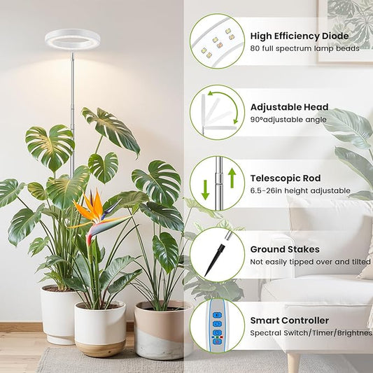 Kullsinss White Grow Light, Full Spectrum LED Plant Lights for Indoor Growing with 6/12/16H Timer, 3 Color Modes, 5 Brightness, 10"-65" Height Adjustable Growing Lamp for Large Indoor Plants, 2 Pack