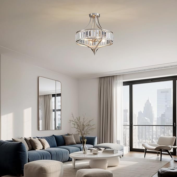 Crystal Chandelier Ceiling Light Fixture, Modern Round Brushed Nickel Dining Room Chandeliers for Kitchen Hallway Bedroom Foyer, 16 Inch Rustic Farmhouse Semi Flush Ceiling Light, 4-Light