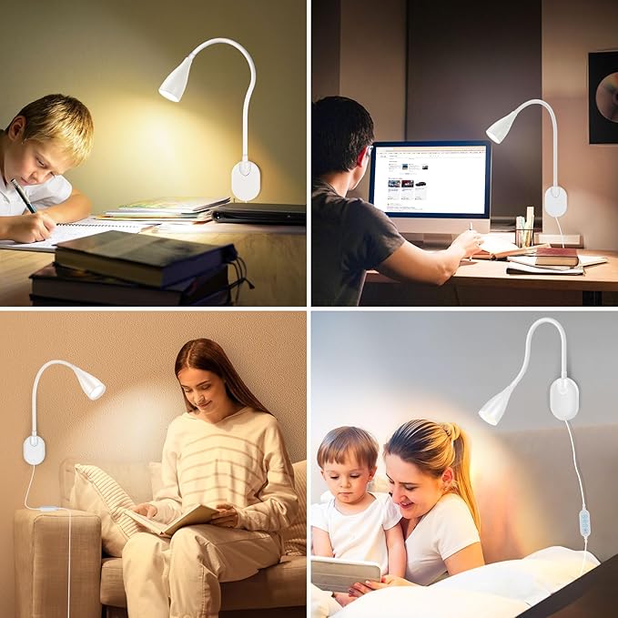 LiFMIRA Wall-Mounted LED Bedside Reading Light with USB Charging Port, 10-Level Dimmable & Adjustable 5 Color, Plug-in Adhesive Night Lamp for Books in Bed, Eye-Caring Bedroom Lighting (White)