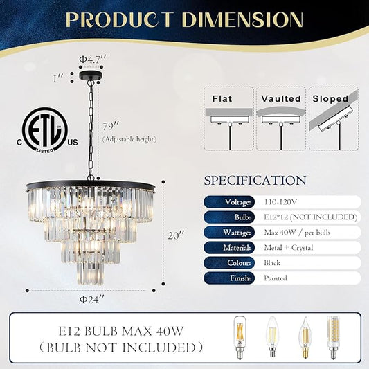 Black Crystal Chandeliers 12 Lights Luxury 24" Round Chandelier 4-Tier Modern Ceiling Pendant Light Fixture K9 Crystal Lighting for Living Room Dining Room Staircase Foyer