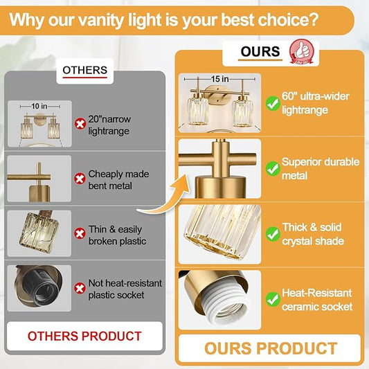 Modern Crystal Bathroom Vanity Light, 2-Light Brushed Gold Bathroom Light Fixtures with Clear Shades, Vanity Lighting Fixtures Over Mirror (Exclude Bulb)