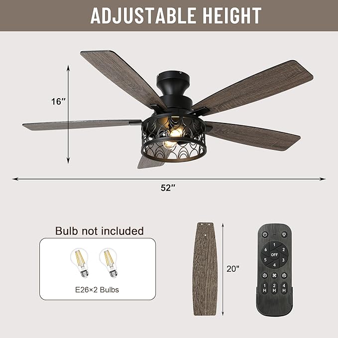 52'' Ceiling Fan with Lights, Flush Mount Farmhouse Ceiling Fan with Remote Control, 6 Speeds Reversible DC Motor, Low Profile Industrial Caged Ceiling Fan for Bedroom Living Room