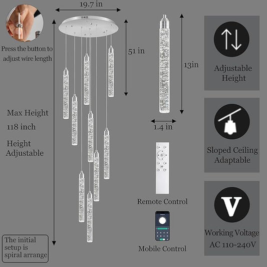 Crystal Staircase Chandelier, Modern Chrome Spiral Dimmable LED Cluster Raindrop Foyer Chandelier Lighting, Bubble Living Room Hanging Light Fixture 9 Light Remote Control