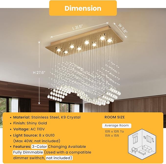 Siljoy Rectangular Gold Crystal Chandelier for Dining Room, 8-Light Modern Wave Raindrop Crystal Chandelier for Living Room Kitchen Island L31.5'' x W11.8'' x H32.2''