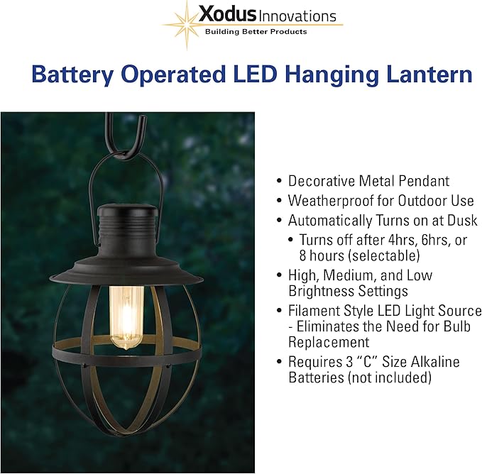 Xodus Innovations BL840-2 Battery Powered Outdoor 11.5 inch Decorative LED Metal Hanging Lantern with Your Choice of 4, 6 or 8 Hour Automatic Timer, Black…