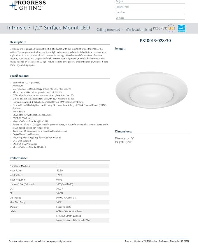 Progress Lighting 7-1/4" Surface Mount LED, Intrinsic Collection, Indoor & Outdoor, P810013-028-30, Satin White
