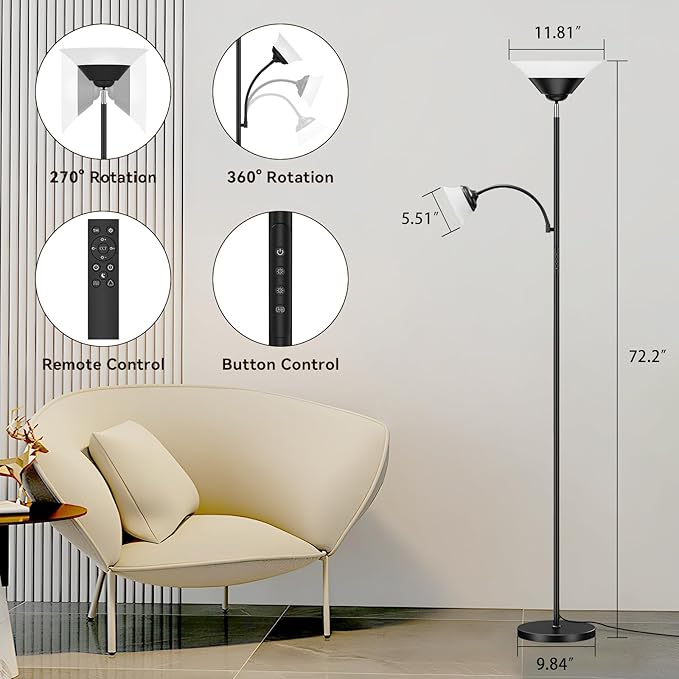 SIBRILLE RGB Torchiere Floor Lamp, 2-in-1 Dimmable Standing Lamp with Remote & Button Control, 34W 360° Rotatable LED Reading Lamp, 72" Modern Tall Corner Lamp for Bedroom, Living Room, Office, Black