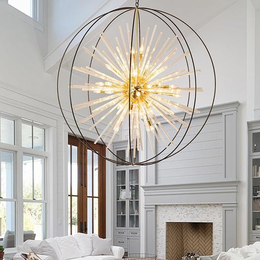 Vezzio 52" Extra Large Globe Chandelier for High Ceilings 32-Light Modern Black and Gold Modern Crystal Pendant Light Fixture for Entryway, Foyer, Stairway, Kitchen, Dining, and Living Room