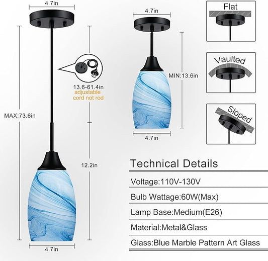 Viinew Mini Glass Pendant Light 4.72" with Handblown Blue Marble Art Glass Hanging Light 1-Pack Oval Ceiling Hanging Light Fixture for Dining Room Kitchen Island Cafe Foyer Hallway