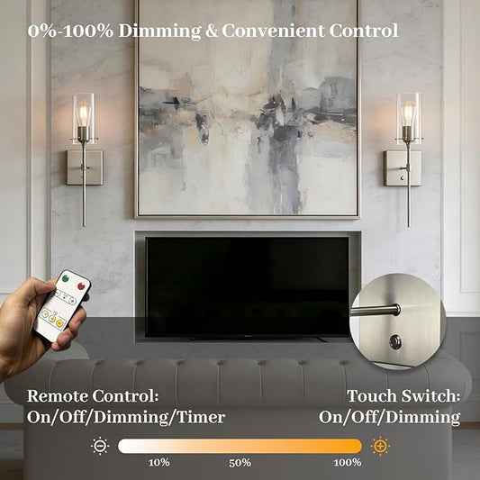 Battery Operated Wall Sconce with Remote Control Set of 2, Dimmable Wall Light Fixture Rechargeable, Nickel Wireless Wall Mount Lamp for Living Room Bedside Hallway Lounge, Bulb Included