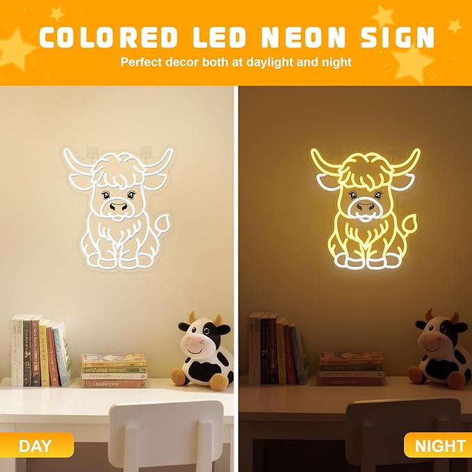 OkiyiD Highland Cow Neon Sign, Cow Decor Wall Art Gifts for Kids, Animal Themed Wall Decor for Bedroom,Living Room,Rustic Farmhouse,USB-Powered Energy-Saving Light with Hanging Kit