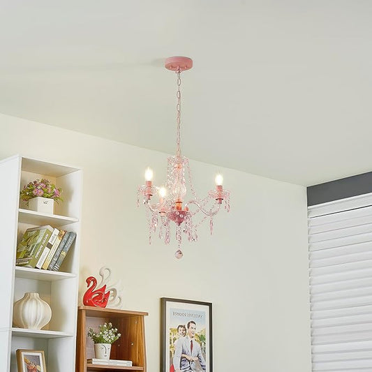 Luvkczc Crystal Chandelier, 3-Light Modern K9 Acrylic Crystal Chandelier for Dining Room, Pendant Ceiling Lighting Fixture for Bedroom, Living Room, Dining Room, Entryway Pink
