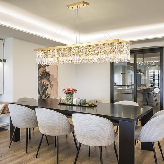 Siljoy Rectangular Gold Crystal Chandelier, 13-Light Modern Rectangle K9 Crystal Raindrop Chandelier, Luxury Dimmable Crystal Ceiling Light for Dining Room Living Room Kitchen Island L59''