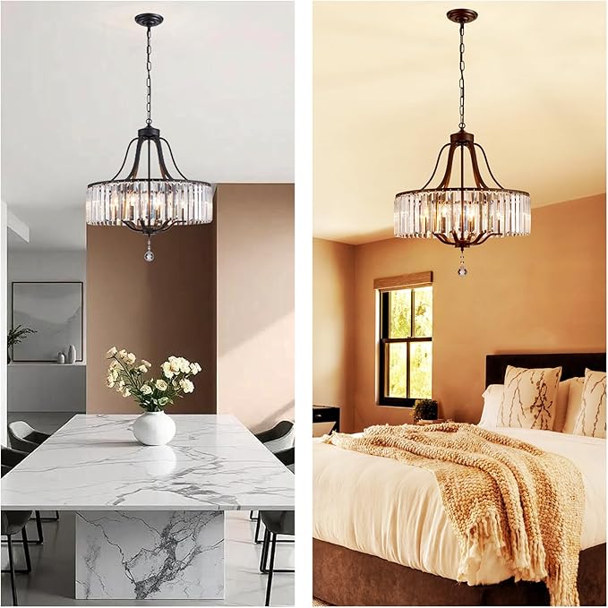 Black Crystal Chandelier 6-Light Modern Farmhouse Dining Room Light Fixtures Over Table Round Large Hanging Light for Living Room Kitchen Hallway Bedroom Foyer 21.7 Inch
