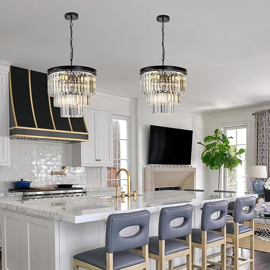 Crystal Chandelier 15.8" Modern K9 Crystal Hanging Pendant Lights 6-Lights Black 3-Tier Luxury Crystal Dining Room Light Fixture for Living Room Bedroom Kitchen Island Entryway Foyer Stair