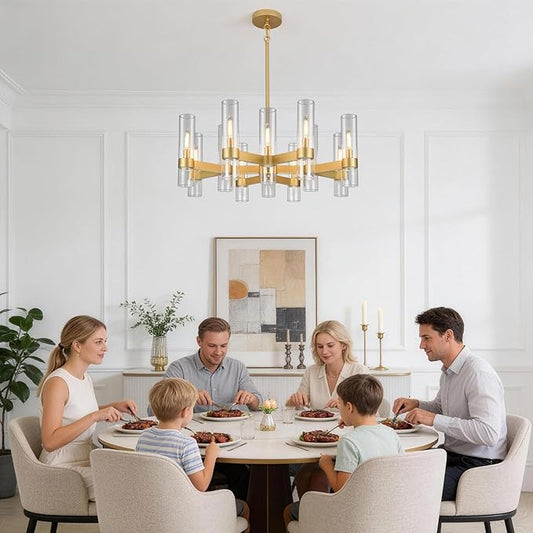 12 Light Gold Chandeliers for Dining Room Light Fixture, Modern Farmhouse Chandelier Over Table, Kitchen Hanging Lighting with Clear Glass Cover for Living Dining Room Kitchen Bedroom Foyer 34"