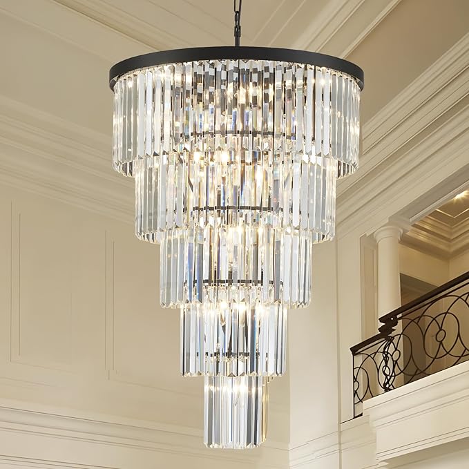 Crystal Chandelier, 35.5-inch Height, 5-Tier Modern Black, Round Light Fixture for Entryway