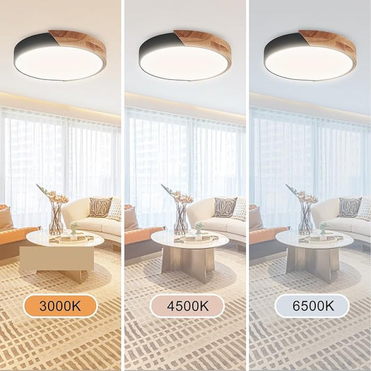 Wood LED Flush Mount Ceiling Light, 3CCT 3000K-6500K Modern Black Close to Ceiling Lighting Fixtures, Minimalist Round Ceiling Light for Bedroom, Kitchen, Hallway, Laundry Room, Not Dimmable