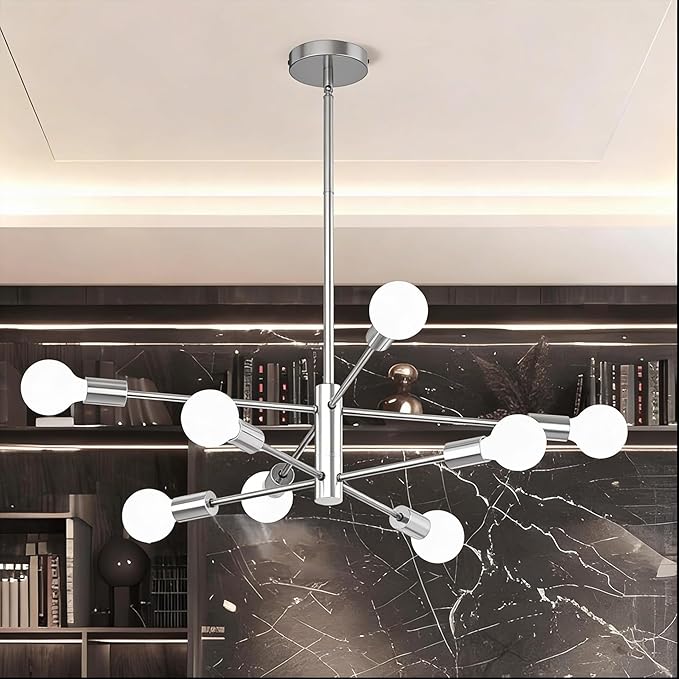 Sputnik Chandelier 8-Light, Mid Century Modern Height Adjustable Ceiling Light Fixture for Dining Room, Kitchen Island, Living Room,Bedroom, Brushed Nickel