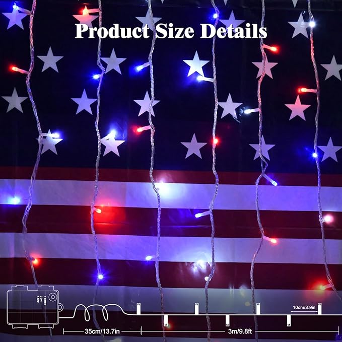 cshare Red White and Blue Lights Battery Operated, 4th of July Lights with Timer Outdoor Waterproof 9.8ft 30 LED for 4th of July Independence Day Decorations Garland Party Garden