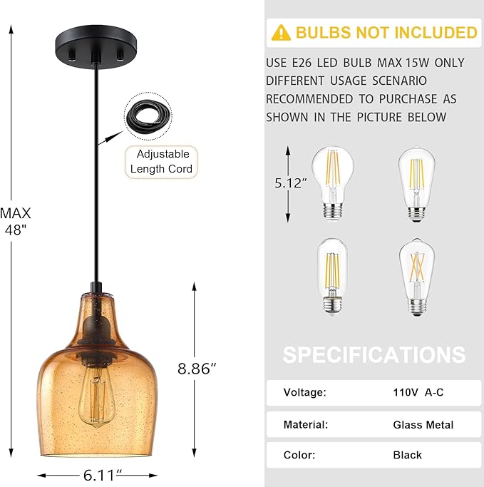 2 Pack 1 Light Indoor Hanging Kitchen Island Pendant Ceiling Light 6.1" Gold Glass Fixture,Black Finish for Farmhouse Over Sink Bedroom Hallway