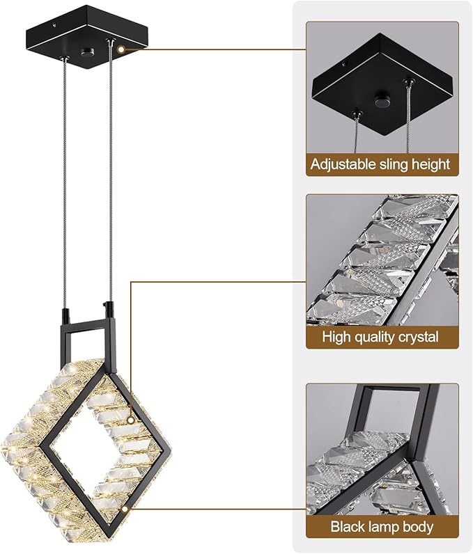 Kitchen Island Mini Light Fixture Modern Led Crystal Pendant Light Black Square Chandelier for Dining Room Living Room Kitchen Bedroom Bar(1-Pack)