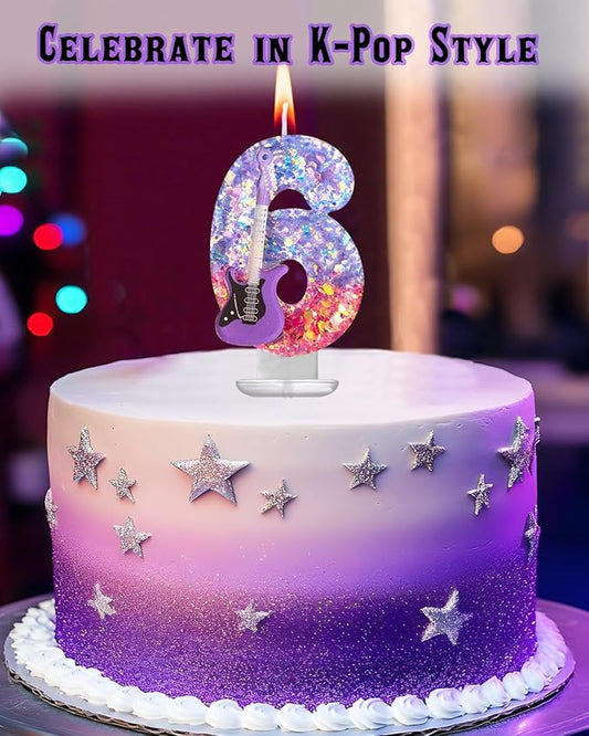 K-Pop Birthday Candle – Purple & Pink Glitter Music Theme Cake Candle with Guitar, Musical Party Decor for Girls, Teens, Kpop Fans (6)
