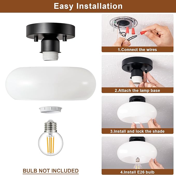 WOKNOS Mid-Century Modern Semi Flush Mount Ceiling Light, Metal Kitchen Light Fixture with Glass Shade,Vintage White and Black Colse to Ceiling Lamp for Entryway Hallway Bathroom (11.0 Inch)
