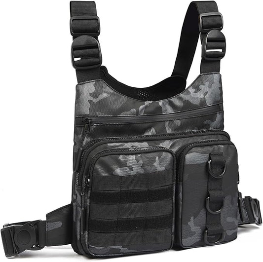 Criuage Outdoor Chest Bag for Men, Lightweight Adjustable Running Vest, Water Resistant EDC Chest Pack with Water Bottle Pocket, Breathable Back Pad for Hiking Cycling Fishing Travel (Camo)