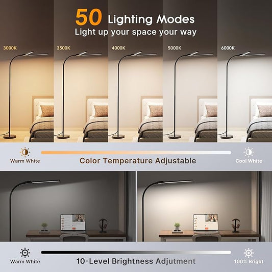 Syrinx LED Floor Lamp, 18W 2000LM Bright Reading Floor Lamp for Office, Gesture & Remote Control, Dual Head Goose-Neck Standing Lamp, Dimmable Brightness & Color Temp, Eye Caring Light for Living Room