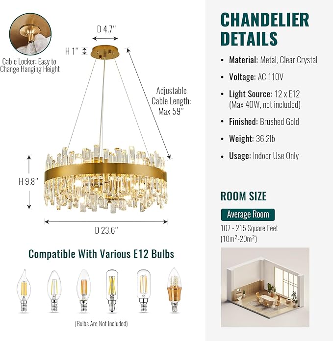 Siljoy Modern Crystal Chandelier, 12-Light Brushed Gold Round K9 Crystal Raindrop Chandelier, Luxury Dimmable Pendant Ceiling Light for Dining Room Living Room Kitchen Island Entryway Foyer, D23.6''