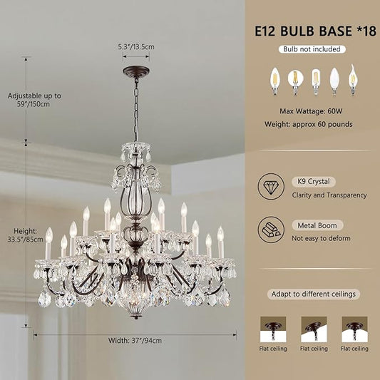 Vintage 2 Layers Crystal Chandelier for High Ceilings, 18-Light Brown Chandelier, Pendant Ceiling Light Fixture for Living Room Hallway Lobby Foyer Entrance Hotel Banquet Hall, Dia 37"