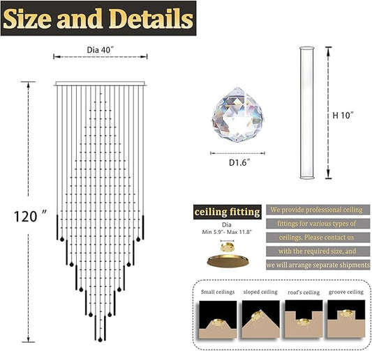 Flashing God 40''X120 High Ceiling Chandelier Crystal Raindrop Gold Chandeliers Staircase Large Chandelier Villa Entrance Foyer Pendant Light Foyer High Ceiling Light 15 GU10 Bulb Dimming