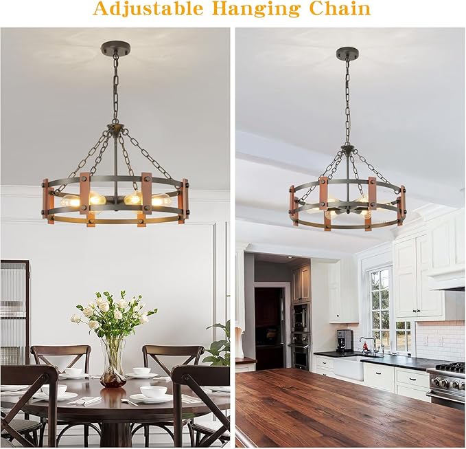 Farmhouse Wood Chandelier,23 Inch Black Modern Rustic Vintage Hanging Pendant Ceiling Light Fixture for Dining Room Bedroom Kitchen Island Hallway Foyer Entrywayďź6 Light
