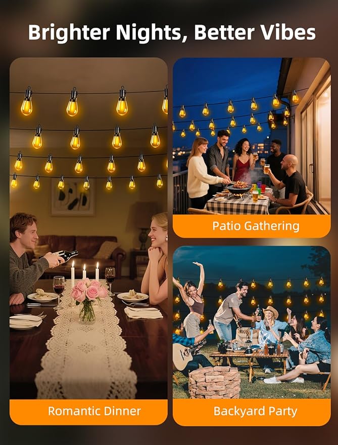 Outdoor Patio String Lights: S14 Shatterproof Bulb Outside Waterproof Light - 200FT 60M Remote Dimmable Connectable Hanging Outdoor Electric Lighting - Garden Backyard Yard Gazebo Porch Party