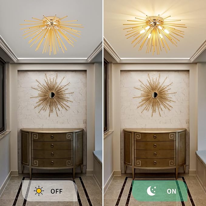 Sputnik Flush Mount Ceiling Light Fixture, 6-Light Gold Firework Ceiling Lights, 19.6" Modern Chandeliers Close to Ceiling Lamp for Bedroom Kitchen Hallway Entryway, G9 Socket