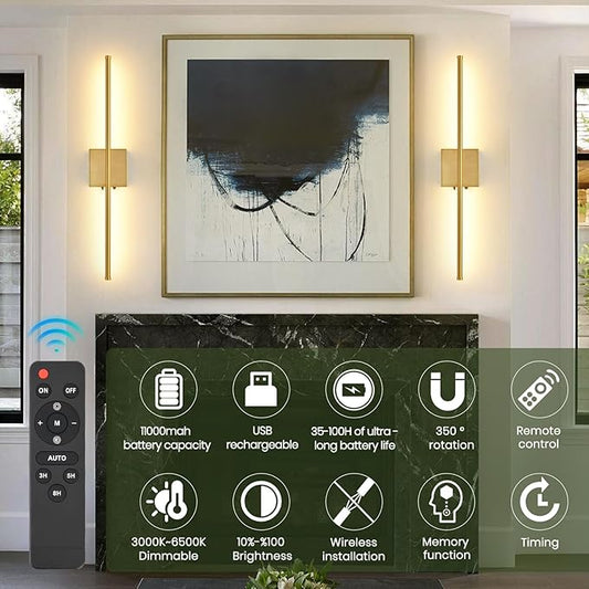 Battery Operated Wall Sconces Set of 2, 11000mAh Wireless Rechargeable Gold Wall Lights with Remote Control, 350°Rotate Dimmable Wall Lamp, 3 Color Temperatures, for Bedroom, Living Room, Hallway