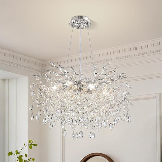 Modern Tree Branch Crystal Chandelier 23.6" Sliver Luxury Large Pendant Lighting 8-Light Contemporary K9 Crystal Chandeliers for Dining Room Kitchen Living Room Foyer Entryway (Sliver, D23.6"-Round)