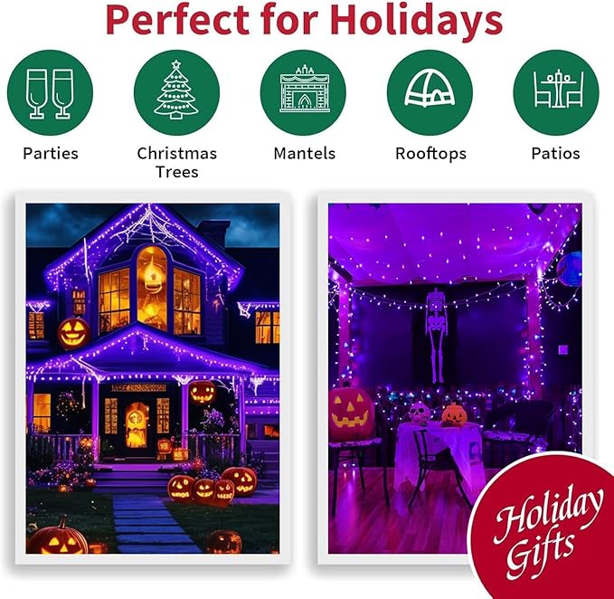 LAMPHOME 99ft 300LED Light Purple String Lights, Clear Wire 16 Modes LED Halloween Lights, Waterproof Indoor Outdoor Purple Christmas Lights Plug in, Halloween Bedroom Garden Party Decor
