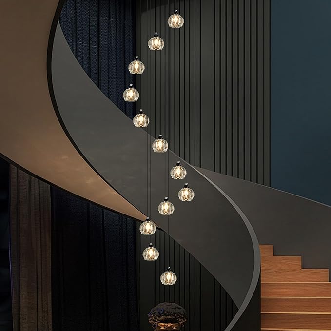 Weesalife Crystal Chandeliers for Staircases, 12-Light Black Modern Chandeliers for High Ceilings,Crystal Pendant Light Fixture for Living Room Kitchen Island Foyer Hallway Bar