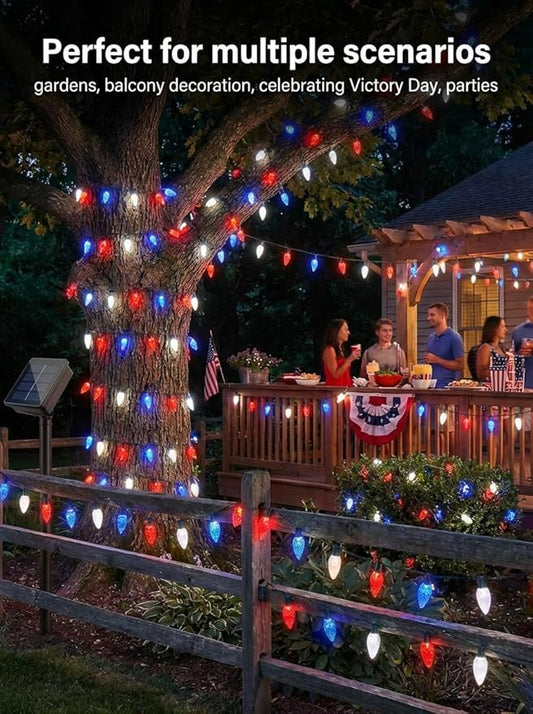 ITICdecor C6 Solar String Lights Outdoor Waterproof, 23FT 50LED Solar Strawberry Lights Decoration for 4th of July, 8 Lighting Mode for Tree Patio Party Decor(Red White&Blue)