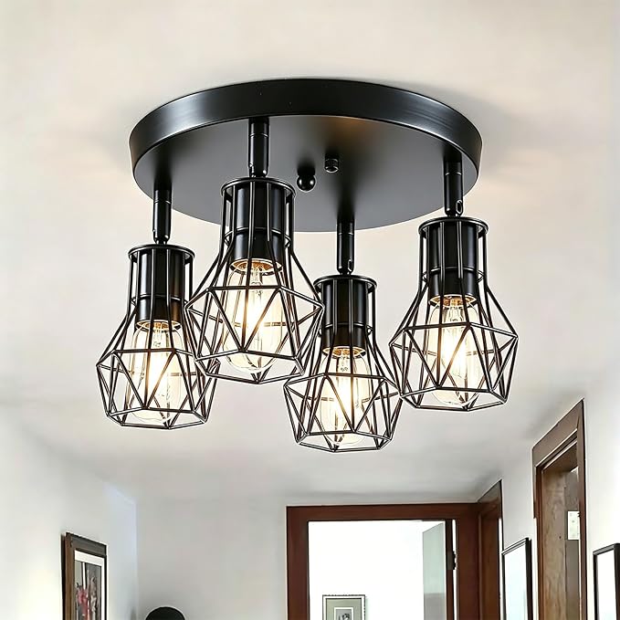 4-Light Black Farmhouse Flush Mount Ceiling Light, Industrial Rustic Black Light Fixture, Adjustable Overhead Lighting for Kitchen, Dining Room, Hallway, Entryway, Bedroom, Laundry Room