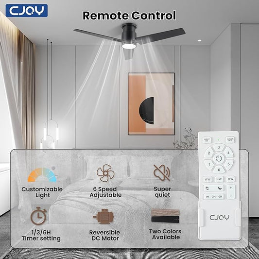 CJOY Ceiling Fan with Lights, 48 Inch Low Profile Ceiling Fans with Light and Remote, Reversible DC, Flush Mount, 3CCT,Dimmable, Modern Indoor/Outdoor Design for Bedroom, Living Room, Patio, Kitchen