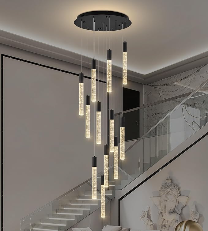 Modern High Ceiling Crystal Chandelier 12-Lights, Large Spiral LED Raindrop Foyer Pendant Lighting, Bubble Staircase Living Room Hanging Light Fixture Flush Mount Black