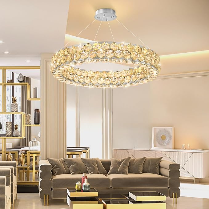 Modern Ring Chandelier, Crystal Chandeliers for Dining Room Round LED Ceiling Light Fixture for Living Room Bedroom Lighting Dimmable with Remote Ring Lights, 24inch Width Light