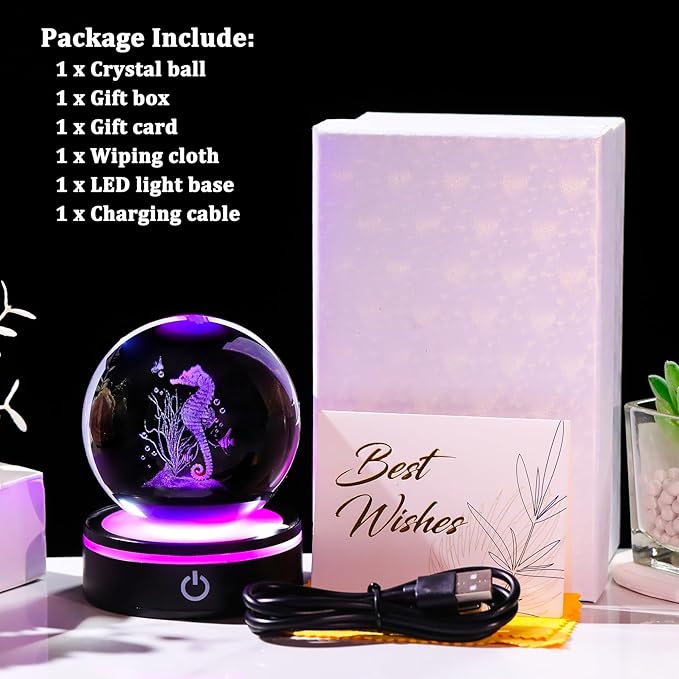 YWHL 3D Seahorse Crystal Ball Figurine with LED Base, Seahorse Gifts for Women Men on Christmas Birthday, Glass Sea Horse Decor Globe Night Light for Home Office (80mm)